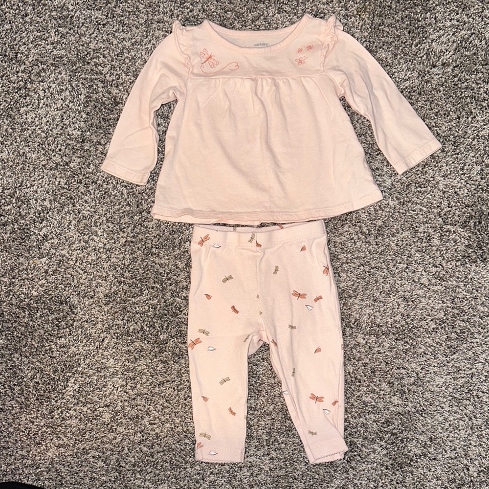 Carters Brand 2 Piece Pink Outfit with Dragonfly Design